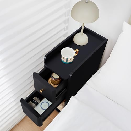 Image of Narrow Nightstand Set of 2, Wooden Small 2 Drawer Nightstand, Slim Side End Table, Skinny Bedside Table, Mid Century Modern Night Stand with Drawers for Bedroom (Black-2 pcs)