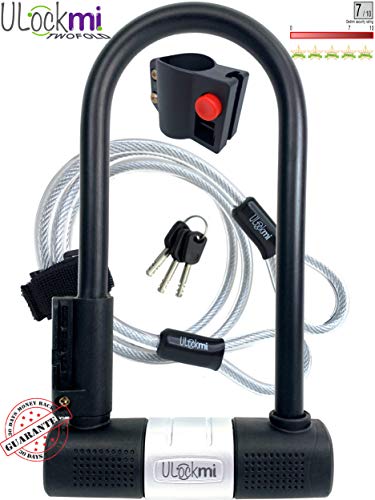 Ulockmi Antivol Velo U avec Câble Antivol pour Vélo Robuste Manille 14 mm et câble de Sécurité 10 mm x 1,2 m 3 Clés Support de Montage Résistant aux Intempéries pour Vélos, Scooter