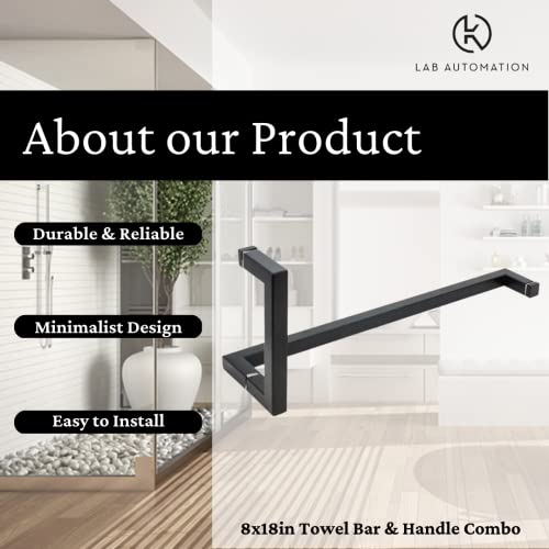 Lab Automation Shower Door Handle & Towel Bar Combo – Premium Shower Glass Doors – Stainless Steel Glass Door Handle & Towel Bar Combo – Durable And Sturdy Design - Modern Square (Black, 8"X18") #TOP1