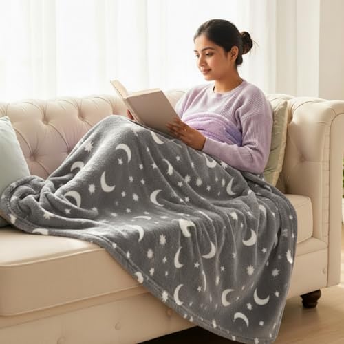Image of Famyo GlowMaxx AC Blanket for Adults, Glow in the Dark Soft Flannel Blanket | 200x152 cm Double Bed Size | Lightweight Summer Blanket for AC Rooms, Lab-Tested & Skin-Friendly (200x152 cm) (Grey)