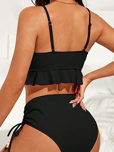 Women's 2 Piece Tankini Set Ruffle Hem Drawstring High Waisted Cut Out Tie Front Crisscross Halter Bathing Suit2