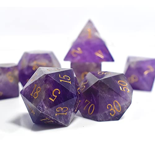 Natural Gemstone DND Dice Set,7 Pcs Amethyst Crystal Handmade Polyhedral D&D gem Dices with Gift Metal Box for Dungeons and Dragons MTG Role Playing Games Natural Stone d and d Dice