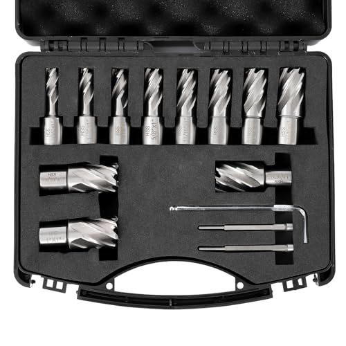 Image of 13 PC Annular Cutter Set, 1 inch Cutting Depth, 7 /16 inch to 1-1 /16 inch Cutting Diameter, HSS Mag Drill Bits Kit with 2 Pilot Pins & Portable Case, Universal Shank Mag Drill Bits for Magnetic Drill Press