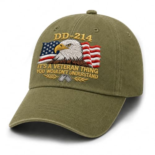 DD-214 Veteran Hat for Men Its a Veteran Thing You Wouldnt Understand Embroidered Patriotic Military Baseball Cap with Flag & Dog Tags Adjustable Fit (Military Green)