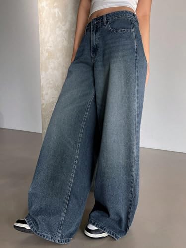 Image of Shasmi Women's Black Wide Leg Baggy Jeans | Loose Fit Denim Pants for Women | High Rise Streetwear | Casual Oversized Wide Leg Denim | Korean Style Baggy Trousers with Pockets (Jeans 296)