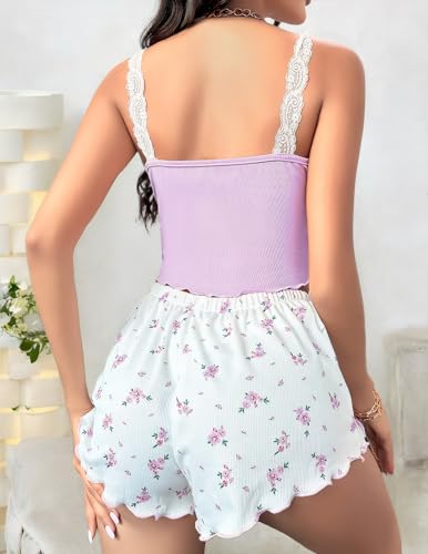 Image of Girece Sexy Pajama Set for Women 2 Piece lounge Set Floral Cami and Shorts Lingerie Set Cute Pjs Lace Trim Sleepwear
