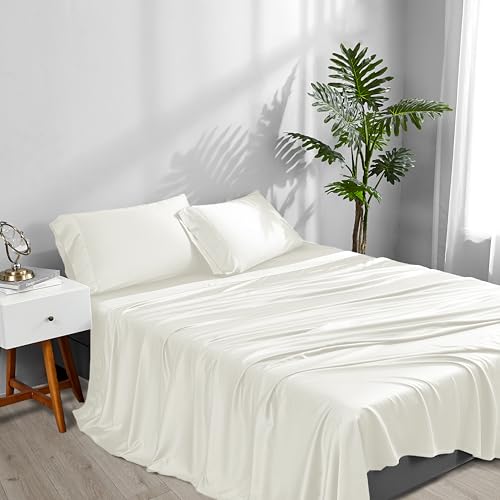Image of ACCURATEX Cooling Sheets for Hot Sleepers, California King Size,Ivory | Viscose Made from Bamboo, 4 Pcs Silky Soft Sheet Set, Breathable Cool for Night Sweats, up to 16 inches Deep Pockect