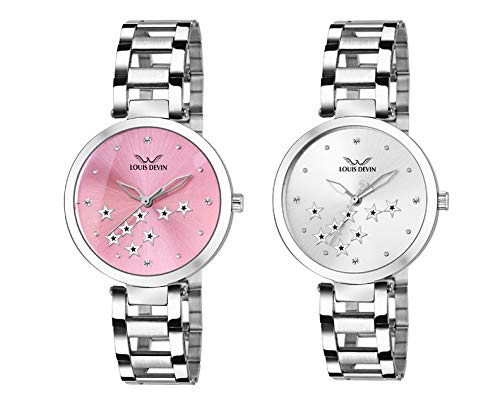 LOUIS DEVIN CMB103-PNKSLV Analog Pink Dial Silver Band set of 2 stainless Steel wrist watches for Women (B07XQ9Q4YW) Amazon Price History, Amazon Price Tracker
