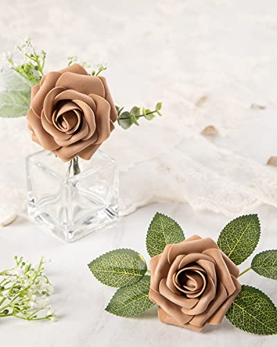 DuHouse 25Pcs Artificial Roses Flowers Fake Rose with Stems Real Touch Foam Flower Head for DIY Wedding Bridal Bouquet Baby Shower Centerpiece Floral Arrangement Party Home Decor(Coffee) - Image 4