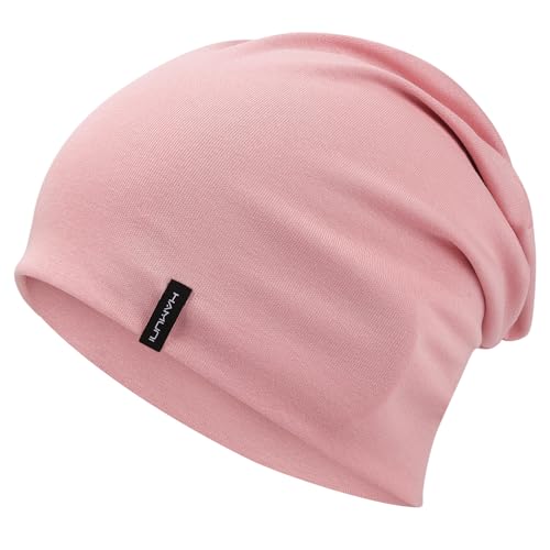 HAMUNI Slouchy Beanie Mütze Damen, Bequeme Baumwolle Mütze Herren, Doppellagige Weiche Winddichte Dünne Mütze, Klassische Modische Beanie Mütze Perfekt für den Alltag und Übergangszeiten (Rosa)