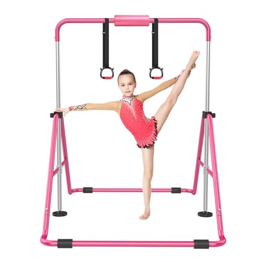 Gymnastic Bars for Kids with Adjustable Height, Folding Gymnastic Training Kip Bar, Junior Expandable Horizontal Monkey Bar for Home (Pink)