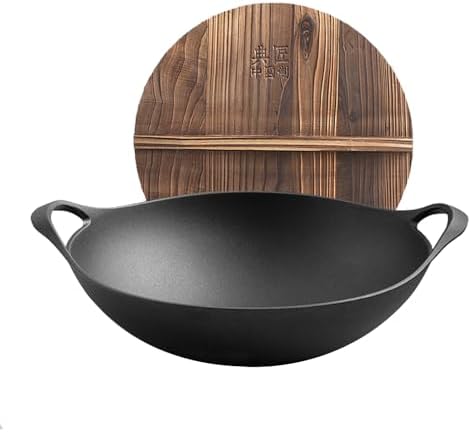 Handmade Cast Iron Wok 36cm Woks and Stir-Fry Pans Chinese Traditional Round Bottom Wok with Handled and Wooden Lid