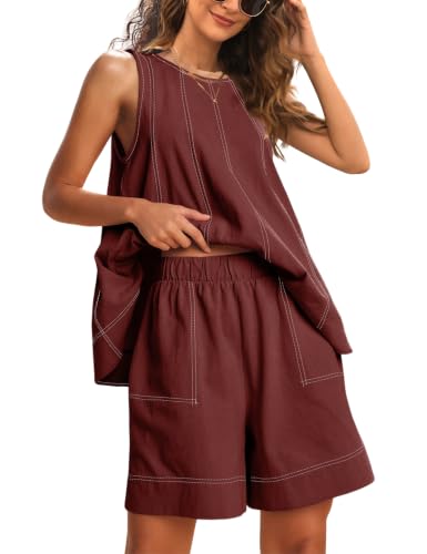 Womens 2 Piece Lounge Set Tank Top and Shorts(Wine-L)