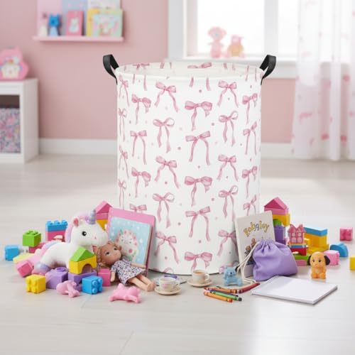Image of Baby Laundry Basket Kids Hamper Toy Storage Bin for Boys Room Decor Baby Nursery Hamper Gift Baskets for Bedroom Bathroom(Dot Bowknot)