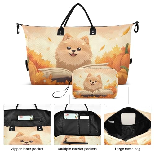 Weekender Bags Travel Duffel Gym Bag A Happy Pomeranian Poked Its Head Out Of An Open Book Surrounded by Pumpkins and Warm Autumn Leaves Carry on Overnight Tote Bag with Toiletry Bag for Airplane Tra2