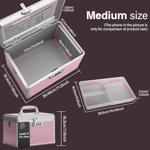 Image of Medicine Lock Box with Combination Lock - 11.2 x 7.6 x 7.6 Inches - First Aid Safe Medication Storage Box, Medications and Personal Items, Safe Boxes for Home and Outdoor - Pink