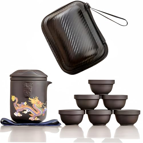 Travel Tea Set Handmade Purple Clay Color-changing Dragon and Phoenix Tea Mug Kung Fu Teapot with 6*Tea Cups Portable Tea pot for Home Office Outdoor Picnic Camping Hotel Tea Lover's Gift (Brown)
