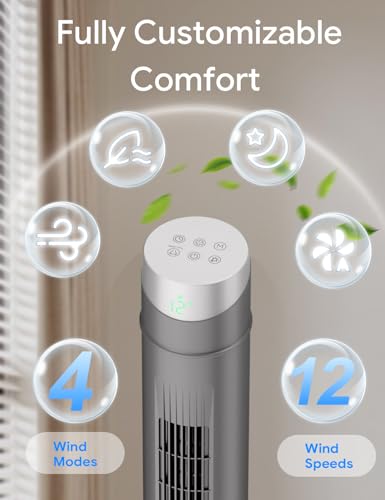 Image of ZAFRO Smart Tower Fan for Bedroom,120 Oscillating Fans that Blow Cold Air | 28ft /s High-Speed 12 Speeds 4 Modes Upgraded DC 22dB Ultra Quiet,App /Voice Control,Standing Fan with 12H Timer,42Inch,Grey
