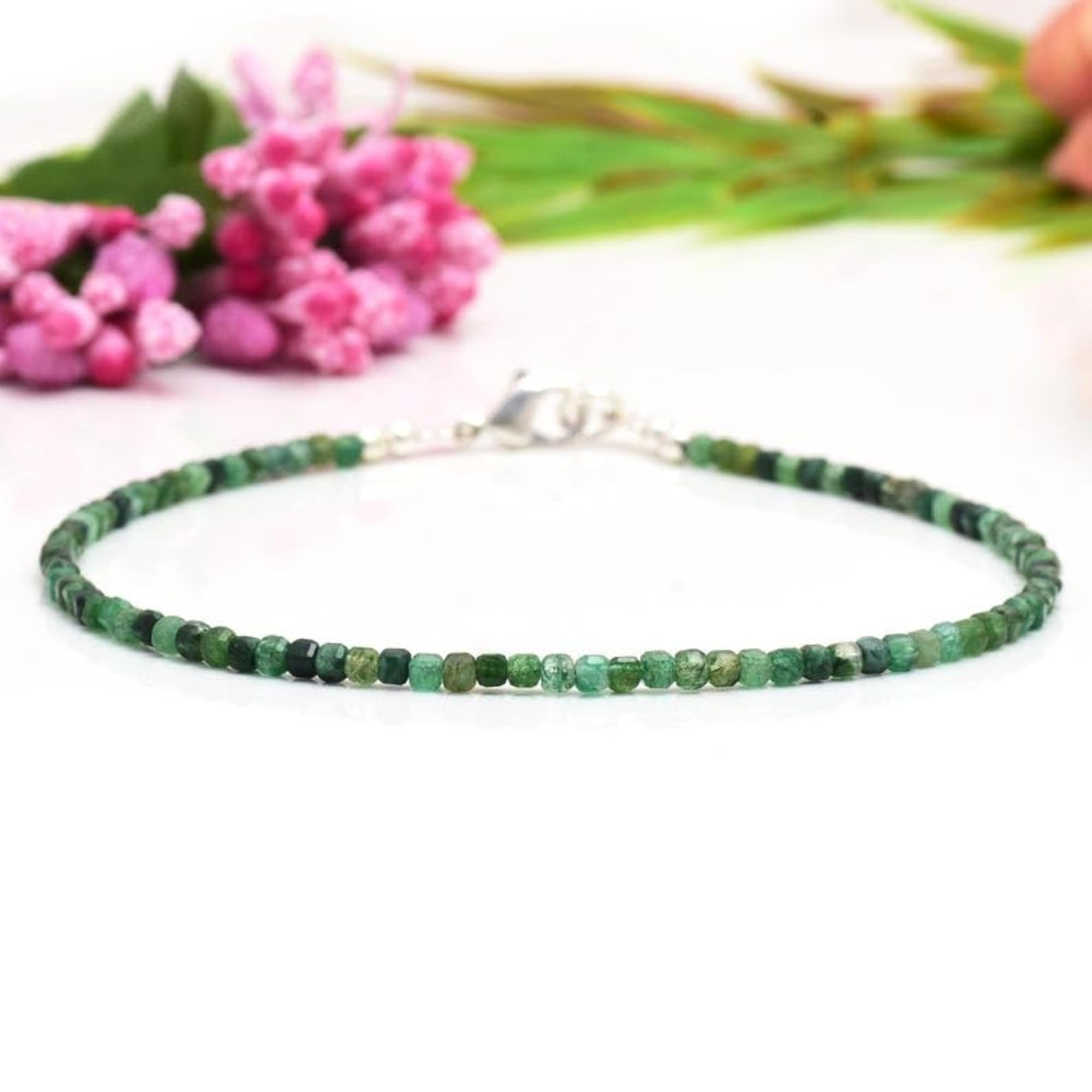 Emerald Round Beaded Bracelet with Blue Stones, Adjustable