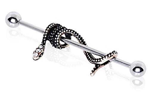 Body Accentz Industrial Barbell CZ 316L Stainless Steel Antique Snake 1 1/2