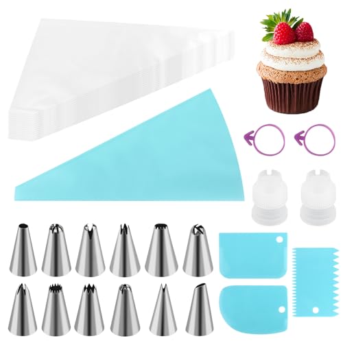 Herramientas de Mangas Pasteleras,100 pc Bolsas de Pastelería Mangas con 12 Boquillas Y 2 Convertidor,Manga Pastelera Profesional para Decoración de Cupcakes, Pastelería, Dulces, Tartas
