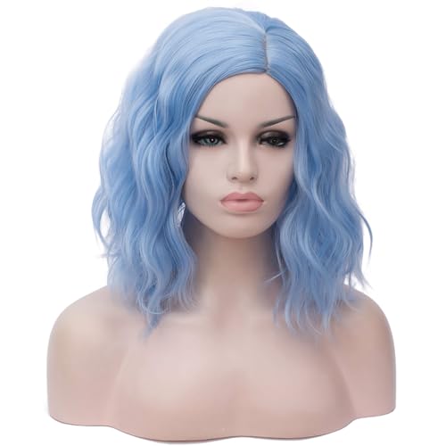 Image of BERON Blue Wigs for Women Girls Short Curly Wavy Hair Wig Light Blue Colored Halloween Cosplay Daily Party Wigs