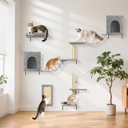 Nobleza Kletterwand Katzen 6 Set, 2 Katzenhäuser mit stabilen Kratzsäulen, Hängebrücke & festem Kratzbrett - Stabiles Katzen wandelemente für Schlafen, Spielen, Lounging bis 10 kg Nobleza Kletterwand Katzen 6 Set, 2 Katzenhäuser mit stabilen Kratzsäulen, Hängebrücke & festem Kratzbrett - Stabiles Katzen wandelemente für Schlafen, Spielen, Lounging bis 10 kg