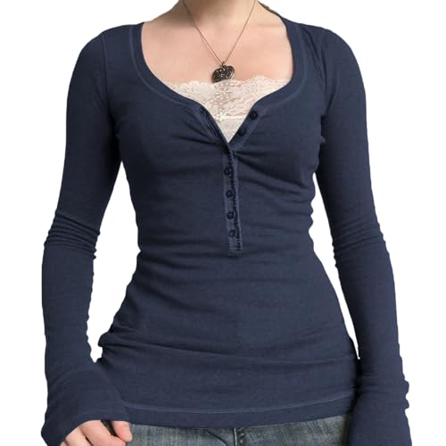 Fairy Grunge Shirt for Women Y2K Lace Patchwork Long Sleeve Henley Top Coquette Aesthetic Cute Shirts for Teen Girls (Navy Blue S)