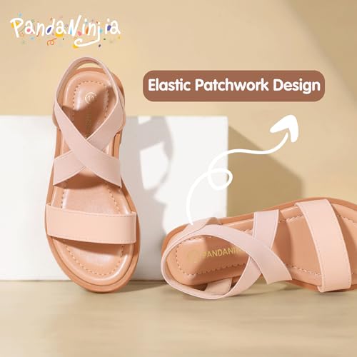 Image of PANDANINJIA Girls Sandals Slip-on Elastic Ankle Cross Strappy Gladiator Dress Sandals Flats Summer Shoes Little Big Kids Sandals
