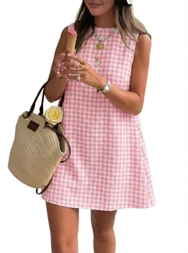 IDEALSANXUN Gingham Dress Women 2026 Spring Summer Beach Vacation Outfits Casual Cute Boho High Neck Sleeveless Plaid Sundress Mini Dress Pink M