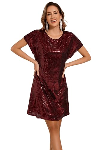 Image of Women's Crewneck Sequin Shift Dress Short Sleeve Casual Holiday Sparkly Party Dress