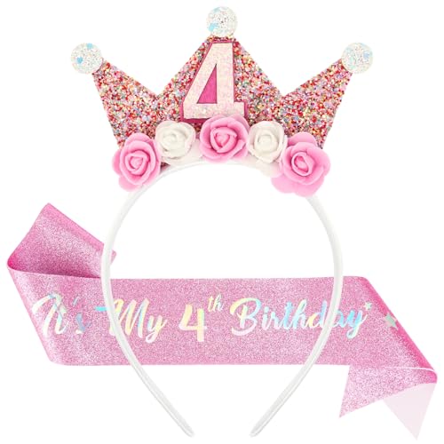 AOOTE Coroa de aniversário para meninas de 4 anos, diadema de aniversário para menina e faixa de roxo, diadema de aniversário coroa com flores rosa e púrpura, presente de aniversário para meninas