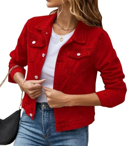 Womens Colored Lapel Button Down Long Sleeve Cropped Denim Jacket Light Wash Short Jean Jacket with Pockets