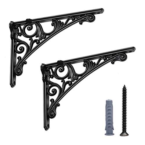 HARPOON 8 Inch Shelf Brackets 2 Pack Heavy Duty Wall Bracket Baroque Kitchen Decorative Rack Shelves Black