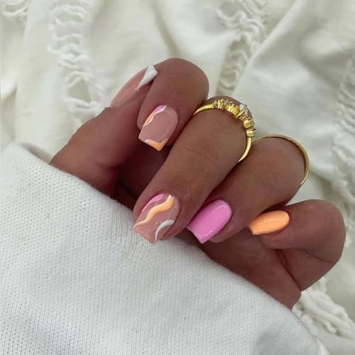 KXAMELIE Glossy Pink Press On Nails Short Square Coffin Nails With Colorful Swirls Design for Summer Manicure,24 pieces - Image 3