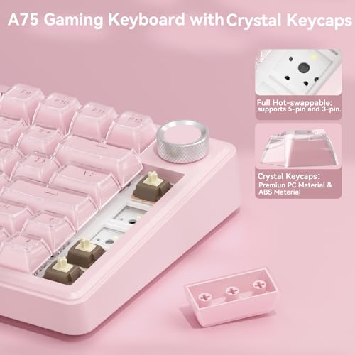 Image of SOLAKAKA A75 Wireless Gaming Keyboard with Multifunction Knob, BT5.0 /2.4GHz /USB-C, 75% Mechanical Keyboard, Hot-Swappable, Gasket Creamy Keyboard with RGB Backlit, Crystal Keycaps, for PC /Mac /PC