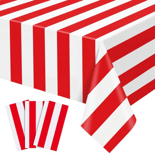 Image of NatNarr 3 Pack Red Striped Tablecloths, 54 x 108Inch Red and White Striped Tablecloth Carnival Circus Table Cloth, Disposable Waterproof Table Cover for Movie Night Birthday Picnic Holiday