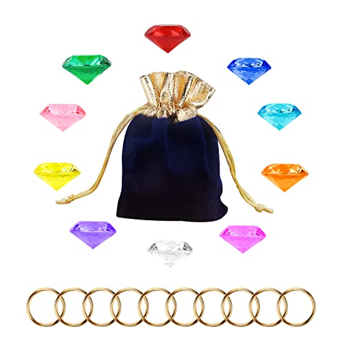 Juego Gemas Diamantes Acrílicos y Anillos de Oro, Niñas Diamantes Juguetes Bolsa que incluye 10 Piezas Acrílicos, 10 Piezas Anillos Dorados para Decoración Pasteles