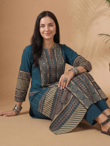 Image of INDO ERA Women's Green Silk Blend Floral Embroidered Straight Festive Kurta & Pant with Dupatta Set