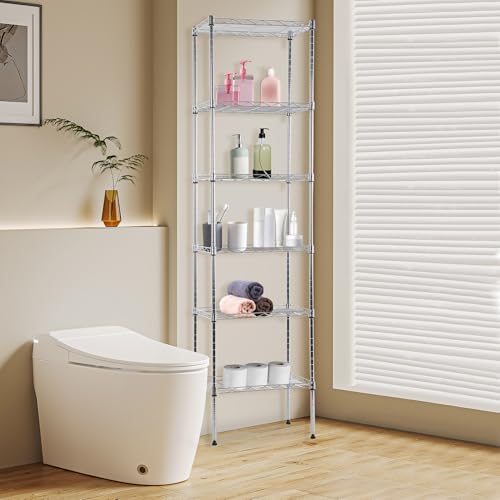 Image of BestOffice | 6-Tier Wire Storage Shelves | 17x12x64 | Chrome | with Adjustable Racks | Heavy-Duty Metal Shelf, Holds Upto 600 lbs | No-Tool Assembly | Ideal for Home & Garage Shelving