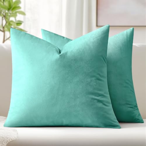 Image of MIULEE Pack of 2, Velvet Soft Soild Decorative Square Throw Pillow Covers Set Cushion Case for Sofa Bedroom Car 20 x 20 Inch 50 x 50 cm Aqua Green
