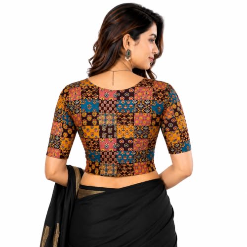 Image of Mogsa Women's Kalamkari Print Cotton Stretchable V-Neck Readymade Saree Blouse | Soft Cotton Blend | Stretch Fabric | Ready-to-Wear