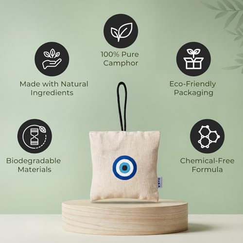 Image of Haka Camphor Pouch Pack of 6 | 100% Pure, Natural, Chemical Free Air Freshener for Car, Wardrobe, Bathroom & Room | Eco-Friendly Camphor Cones for Cars /Car Freshener | Evil-eye, 30g each
