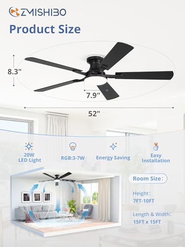 ZMISHIBO 52 Inch Smart Ceiling Fans with RGB Lights, Low Profile Flush Mount Ceiling Fan with Alexa/App/Remote Control, Dimmable 20W LED Light, Black Modern Fan for Living Room, Bedroom, Game Room thumbnail 6