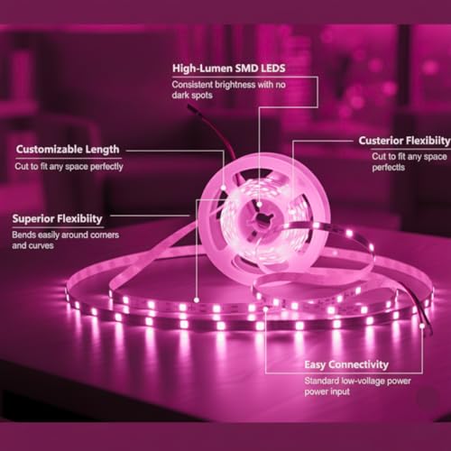 Image of LED Strip Light for Home Decoration | Waterproof Adhesive Cove Lighting for Ceiling, Cabinet & Festive decor, 5 mtrs. (Pink, 60 LED per Meter)