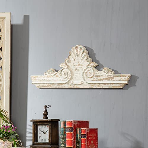 Sofe 33" Distressed White Finish Wooden Scroll Over The Door Decor, Large Decorative Wall Sculpture, Carved Wood Wall Art Hanging Window, Unique Wall Decor For Farmhouse Living Room Kitchen #TOP3