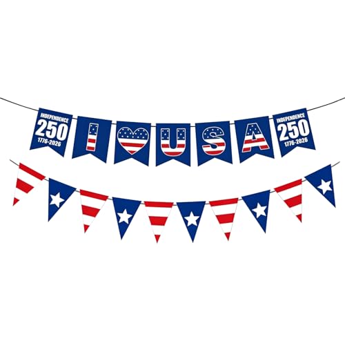 4th of July Decorations 250th Anniversary Patriotic Banner American Stars and Stripes Flag Bunting Garland for Fourth of July Memorial Independence Day Outdoor Indoor Hanging Decor (Red White Blue)