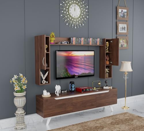 Image of Spyder Craft Matte Finish TV Entertainment Unit, Tv Stand with Wall Shelf Book Storage | Decore Living Room Engineered Wood TV Entertainment Books Storage & Decor Display Unit Color Columbian Walnut