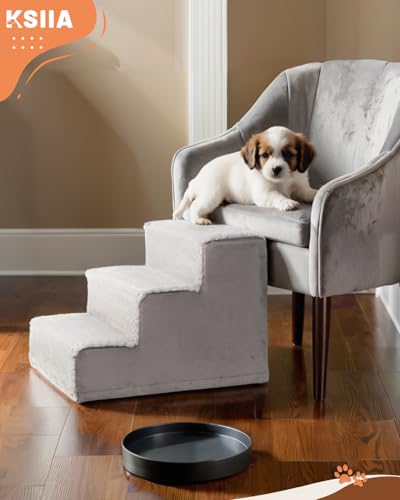 KSIIA Hundetreppe für Kleine Hunde 33cm Hoch, Haustiertreppe mit Abnehmbarem Waschbarem Bezug, Katzentreppe für Alte Katzen Hunde, Rutschfestem Hunderampe Hundetreppe für Bett Sofa, Grau
