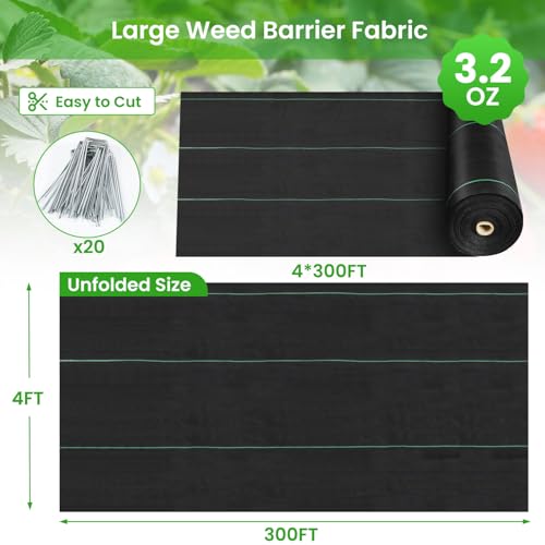 Weed Barrier Fabric, 4x300ft Landscape Fabric, 3.2oz Heavy Duty Durable Woven Geotextile Fabric, High Permeability Ground Cover Mat, Driveway Fabric, Garden Weed Control Cloth with 20 U-Securing Pegs - Thumbnail 2